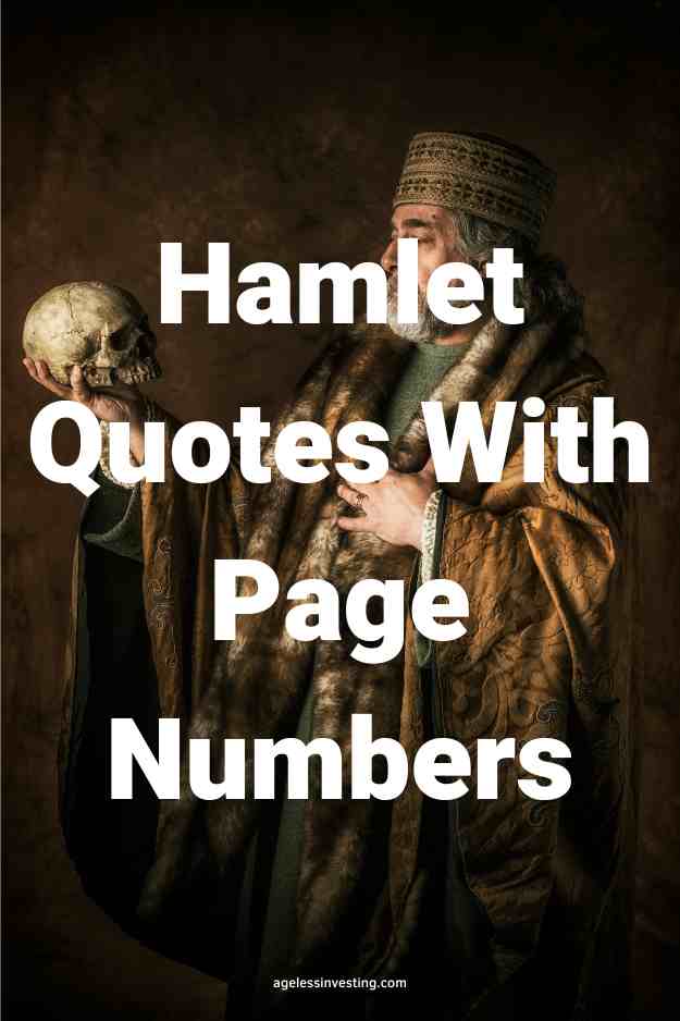 A picture of a man holding a skull in his right hand, with the text overlay: "Hamlet Quotes With Page Numbers"