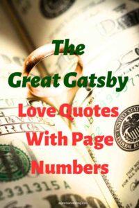 A picture of a golden ring on a crease of one hundred dollar bills, with the text overlay:"The Great Gatsby Love Quotes With Page Numbers"