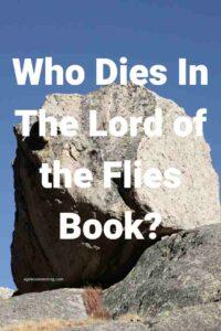 A picture of a boulder on a cliff, with the text overlay: "Who Dies In The Lord of the Flies Book?"