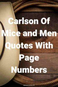 A picture of a cowboy hat sitting next to a rope, with the text overlay: "Carlson of Mice and Men Quotes With Page Numbers."