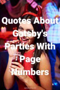 A picture of a dark-haired woman wearing a red dress drinking at a party, with the text overlay: "Quotes About Gatsby's Parties With Page Numbers"