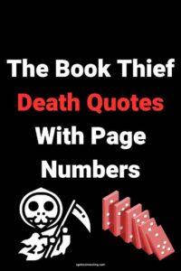 An image of death and a line of falling red dominoes, with the text overlay: "The Book Thief Death Quotes With Page Numbers"