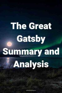 A picture of a full moon and green northern lights over water at night, with the text overlay: "The Great Gatsby Summary and Analysis"