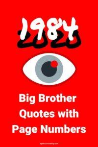 A graphic of an eye against a red background, with the text overlay "1984 Big Brother quotes with page numbers"