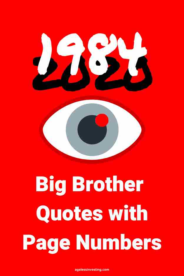 A graphic of an eye against a red background, with the text overlay "1984 Big Brother quotes with page numbers"