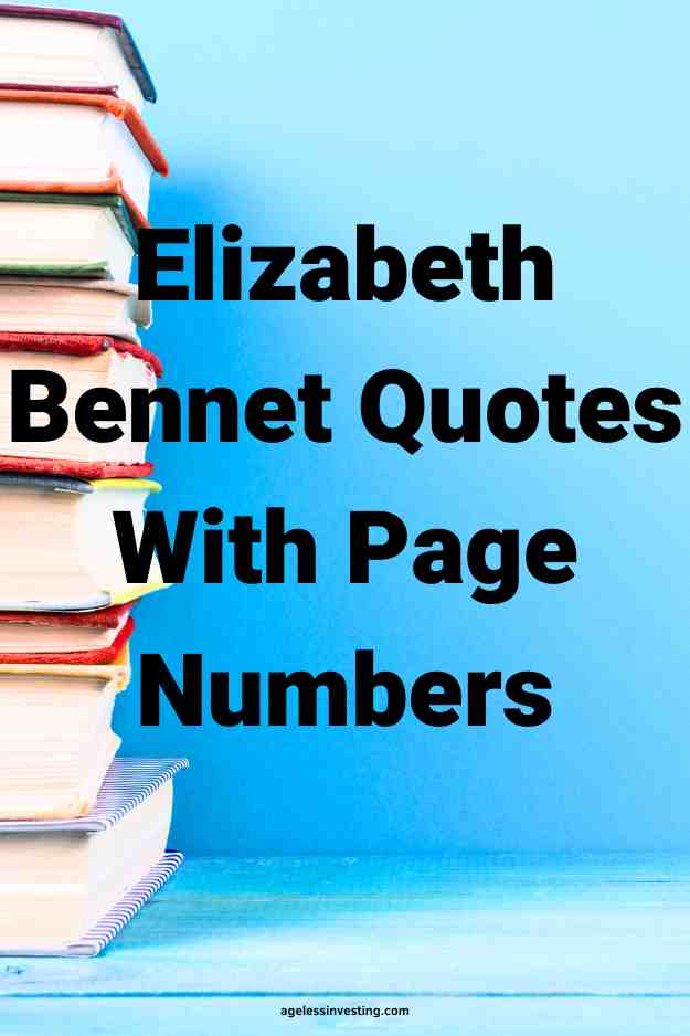 A picture of a stack of books against a blue background, with the text overlay: "Elizabeth Bennet Quotes With Page Numbers"