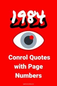 A graphic of an eye against a red background, with the text overlay "1984 Control quotes with page numbers"