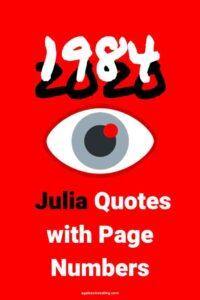 A graphic of an eye against a red background, with the text overlay "Julia 1984 quotes with page numbers"