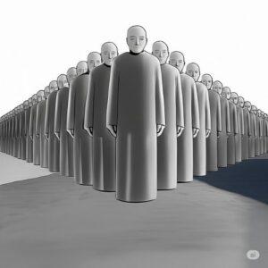 Illustration for The Giver quotes about Sameness: uniform grey figures in a line, one showing a faint inner light, symbolizing the suppression of individuality and emotion in Lowry's dystopian community.