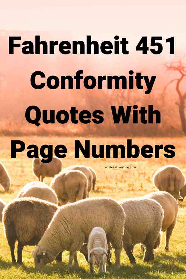 A picture of sheep in a field under a pinkish orange sky, with the text overlay: "Fahrenheit 451 Conformity Quotes With Page Numbers"