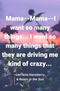 An image of wild flowers against a purple and pink sky, with the text overlay: “Mama--Mama--I want so many things... I want so many things that they are driving me kind of crazy...” ~Lorraine Hansberry, A Raisin in the Sun