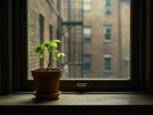 Mama's small, resilient green plant from A Raisin in the Sun, thriving on a worn windowsill against a blurred backdrop of a 1950s Chicago tenement, symbolizing hope and dignity amidst oppressive urban conditions.
