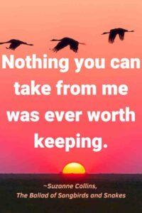 An image of birds flying against a pinkish orange sunset, with the text overlay: “Nothing you can take from me was ever worth keeping.” ~Suzanne Collins, The Ballad of Songbirds and Snakes