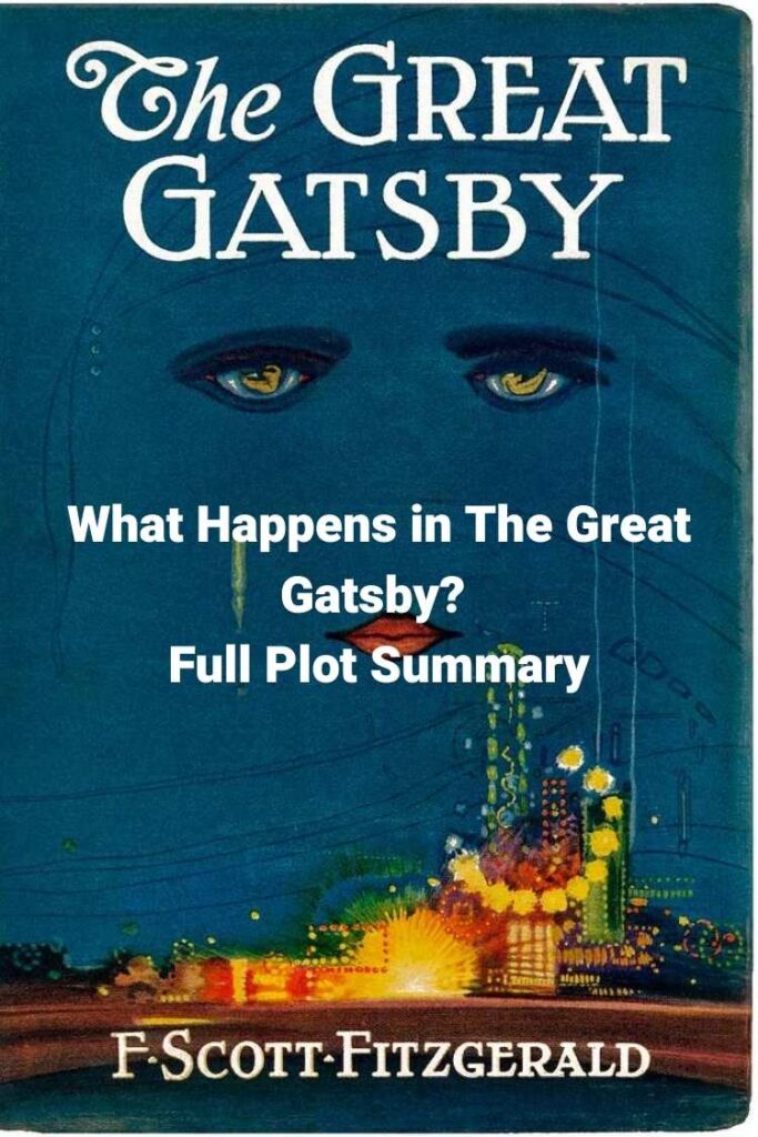 The Iconic 'Celestial Eyes' first edition cover art for F. Scott Fitzgerald's The Great Gatsby. With the text overlay: What Happens in The Great Gatsby? Full Plot Summary"