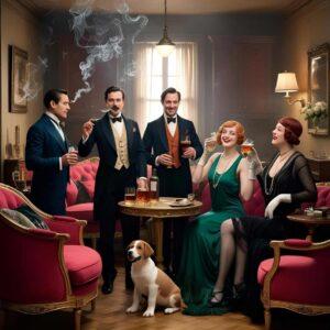Chaotic 1920s party in a cramped, smoky NYC apartment, illustrating the superficiality and tension analyzed in The Great Gatsby Chapter 2. 