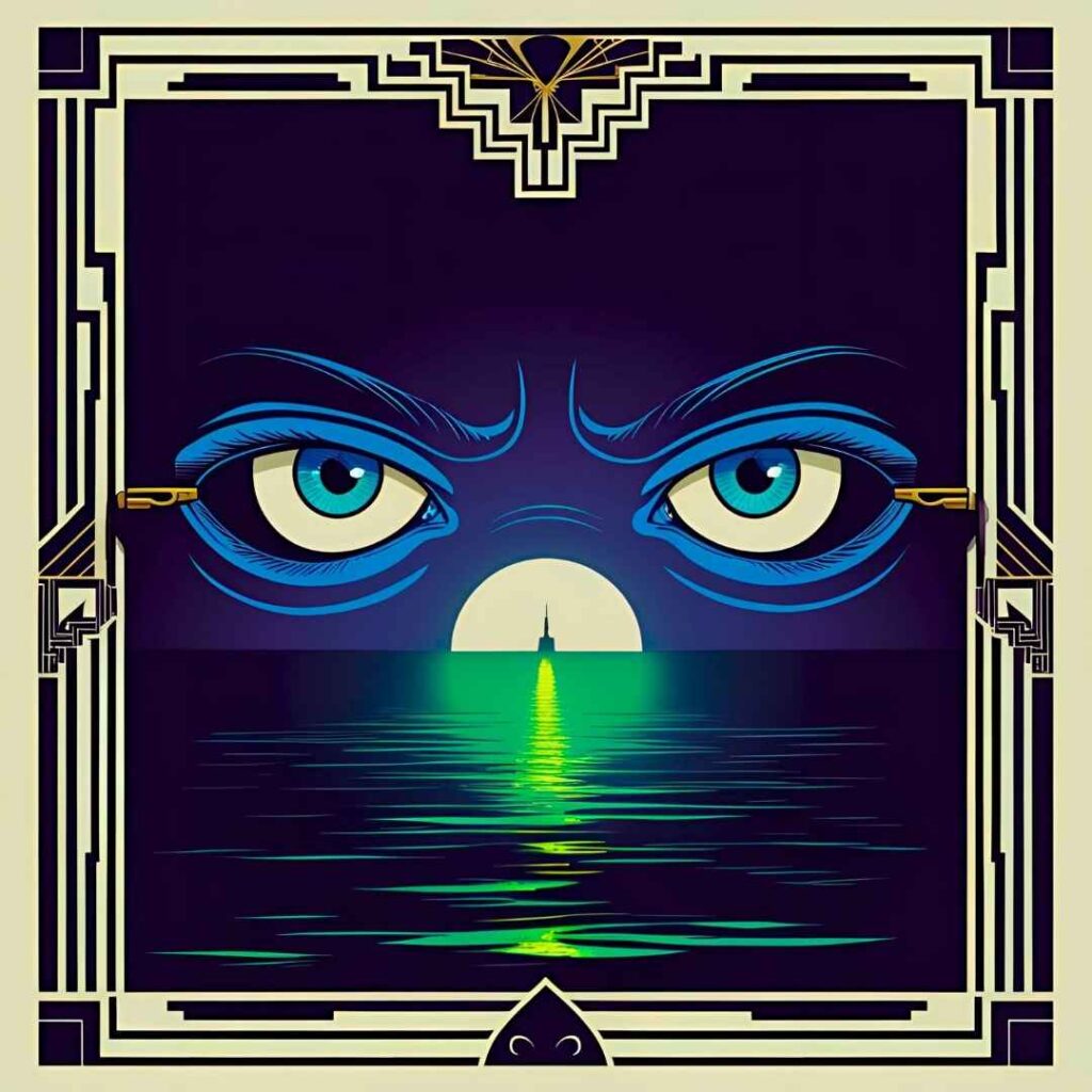 Symbolic illustration for The Great Gatsby analysis, showing the Eyes of Dr. T.J. Eckleburg overlooking the green light, representing themes of judgment and unattainable dreams