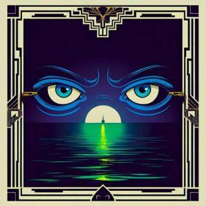 Symbolic illustration for The Great Gatsby analysis, showing the Eyes of Dr. T.J. Eckleburg overlooking the green light, representing themes of judgment and unattainable dreams