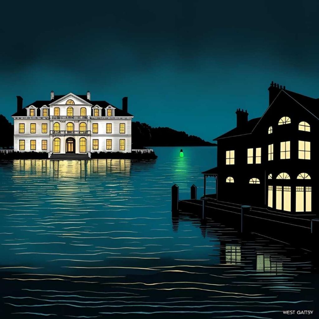 Illustration contrasting opulent East Egg mansions with West Egg across the bay, featuring the green light, symbolizing class divides in The Great Gatsby analysis.
