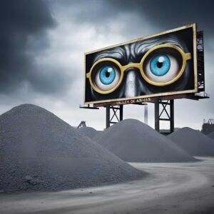A wide-angle view captures a desolate, grey industrial wasteland under a gloomy 1920s sky, evoking the Valley of Ashes. Heaps of ash rise like barren hills across the bleak landscape. Above, a massive, weathered billboard looms, showcasing haunting blue eyes peering through large yellow-rimmed spectacles—the unsettling gaze of Dr. T.J. Eckleburg watching over the scene. 
