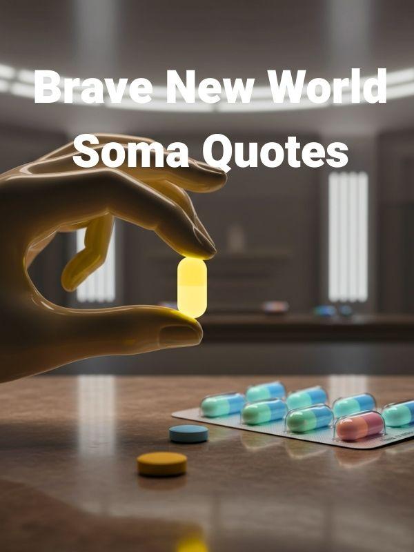 Symbolic image for Brave New World Soma quotes: A perfectly formed, subtly glowing pastel pill representing Soma, held or displayed in a sterile, futuristic setting, illustrating its role in engineered happiness and social control in Huxley's dystopia.