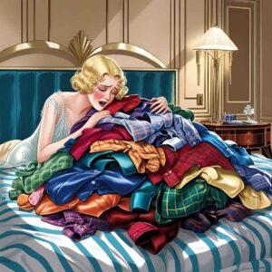 Illustration for The Great Gatsby Chapter 5 Analysis: Daisy Buchanan crying into piles of Gatsby's luxurious, colorful shirts, symbolizing the overwhelming mix of materialism, emotion, and lost time.