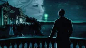 Conceptual image for Jay Gatsby character analysis: Silhouette of Gatsby on a balcony gazing at a distant green light, with ghostly party figures behind and a dreamlike image of Daisy in the sky, symbolizing his obsessive dream, illusion, and the tragedy of the American Dream in The Great Gatsby.
