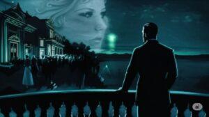 Conceptual image for Jay Gatsby character analysis: Silhouette of Gatsby on a balcony gazing at a distant green light, with ghostly party figures behind and a dreamlike image of Daisy in the sky, symbolizing his obsessive dream, illusion, and the tragedy of the American Dream in The Great Gatsby.