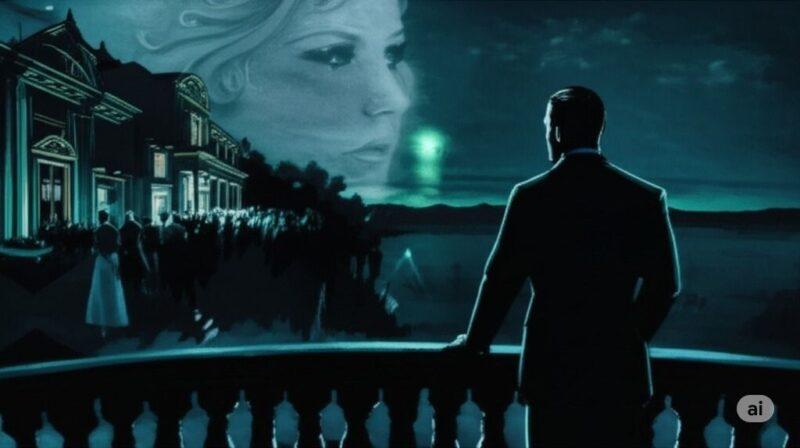 Conceptual image for Jay Gatsby character analysis: Silhouette of Gatsby on a balcony gazing at a distant green light, with ghostly party figures behind and a dreamlike image of Daisy in the sky, symbolizing his obsessive dream, illusion, and the tragedy of the American Dream in The Great Gatsby.