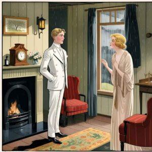 Illustration depicting the awkward reunion in The Great Gatsby Chapter 5: Gatsby stands nervously near a clock in Nick's cottage as Daisy arrives, rain visible outside, symbolizing the tension and fragility of recreating the past.