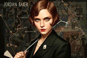 Symbolic image for Jordan Baker character analysis: Jordan Baker's discerning, cynical face with elements suggesting her navigation of Jazz Age society, representing her dishonesty, perceptiveness, and role as a modern woman in The Great Gatsby.