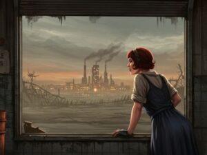 Myrtle Wilson character analysis: A vibrant 1920s woman (Myrtle Wilson) looks longingly from a desolate Valley of Ashes garage towards a distant glittering city, symbolizing her desperate vitality, class aspirations, and tragic entrapment in The Great Gatsby.