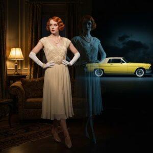 Symbolic image for Myrtle Wilson character analysis: Myrtle Wilson depicted in contrasting outfits—an elegant dress in a fancy apartment and plainer attire in a garage—with a yellow car's shadow, representing her performative class aspirations, illusion, and foreshadowed tragedy in The Great Gatsby.