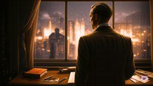 Conceptual image for Nick Carraway character analysis: A man's silhouette observes a glittering, blurred Jazz Age city through a rain-streaked window, with a journal and pen on a desk, symbolizing Nick's introspective narration and construction of truth in The Great Gatsby.