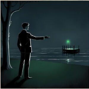 Jay Gatsby stands alone on his dark lawn at night, silhouette reaching across dark water towards the distant green light, symbolizing his profound isolation and yearning in The Great Gatsby.