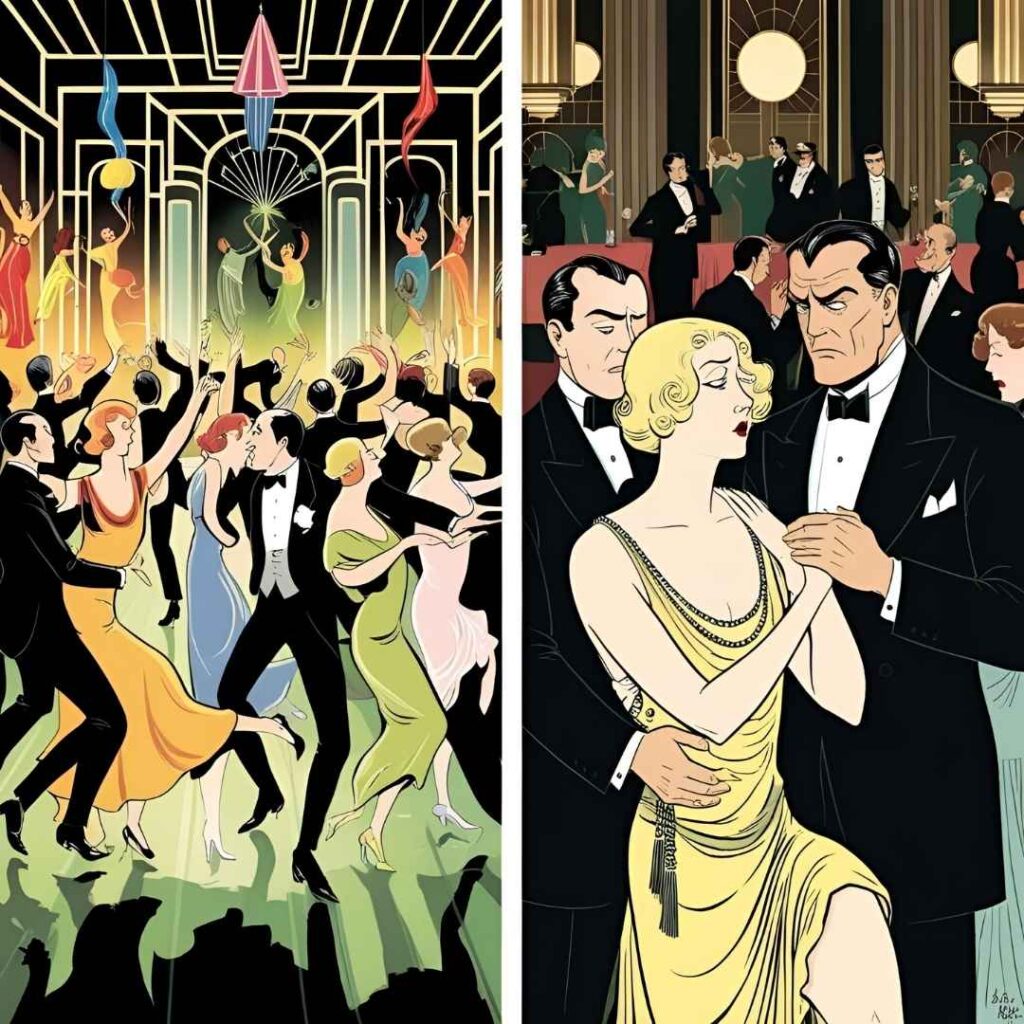 Conceptual image for The Great Gatsby Chapter 6 analysis, contrasting a vibrant Jazz Age party with a tense, oppressive atmosphere when a key female guest attends, symbolizing the shift and her discomfort.