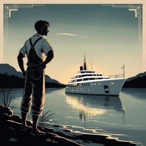 Symbolic image for The Great Gatsby Chapter 6 analysis: A young man on Lake Superior shore looking towards a gleaming yacht, representing aspiration and a significant identity transformation