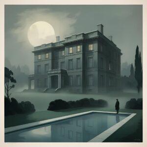 Conceptual image for The Great Gatsby Chapter 8 analysis: A grand mansion at dawn with a melancholic atmosphere, reflecting the fading of a dream before a tragic end.