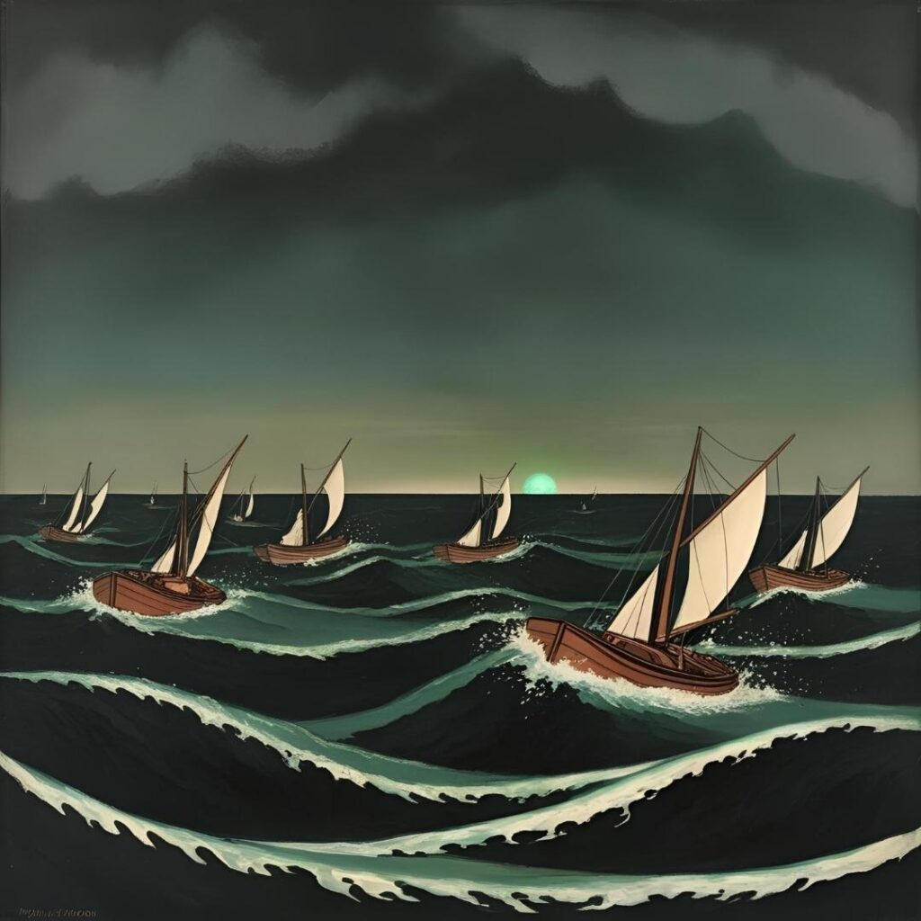 Symbolic image for The Great Gatsby Chapter 9 analysis, depicting small boats struggling against a current towards a distant green light, representing the novel's concluding metaphor for the human condition and the pull of the past.