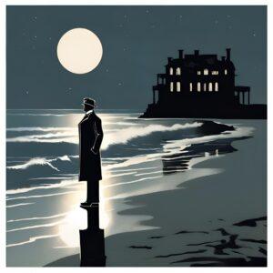Conceptual image for The Great Gatsby Chapter 9 analysis: A solitary figure reflectively overlooking a deserted mansion at dusk, symbolizing the end of an era and the shaping of a legacy.