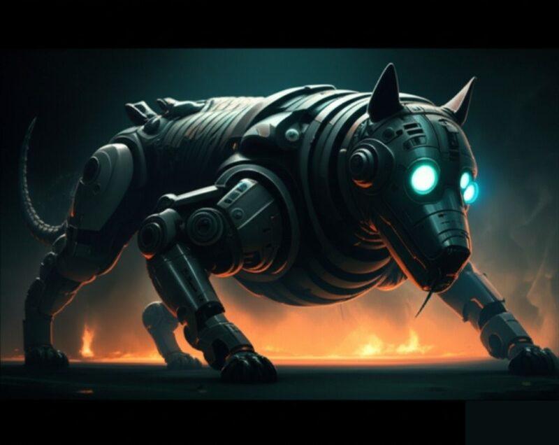 Symbolic concept art of Fahrenheit 451's Mechanical Hound, a menacing metallic beast looming over a discarded, perhaps smoldering book, representing technological oppression and the violent enforcement of censorship in Bradbury's dystopia.
