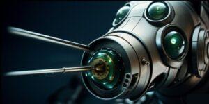 Close-up of the Mechanical Hound's menacing head from Fahrenheit 451, detailing its multi-faceted glowing eyes, sensitive nylon-brushed nostrils, and the sharp, extended procaine needle in its proboscis, highlighting its terrifyingly clinical and lethal design.