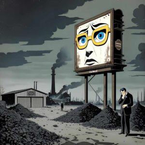 Symbolic depiction for The Great Gatsby Chapter 7 analysis: The Eyes of Dr. T.J. Eckleburg gazing over the desolate Valley of Ashes, site of a tragic accident, reflecting moral decay
