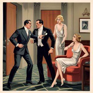 Illustration depicting the tense Plaza Hotel confrontation in The Great Gatsby Chapter 7: Two men argue intensely while a distressed woman looks on, symbolizing the shattering of dreams.