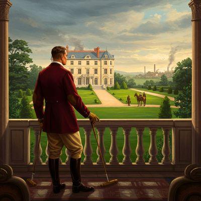 Alt Text: Tom Buchanan character analysis image: A powerfully built 1920s man in riding clothes (Tom Buchanan) stands arrogantly on a grand estate balcony, symbolizing his old money dominance, physical power, and role as an enforcer of social hierarchy in The Great Gatsby.