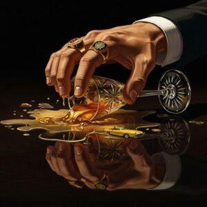 Alt Text: Symbolic image for Tom Buchanan character analysis: A wealthy man's hand carelessly knocking over a champagne coupe, spilling its contents, with faint reflections of a woman and a yellow car, representing Tom Buchanan's destructive carelessness and its tragic consequences in The Great Gatsby.
