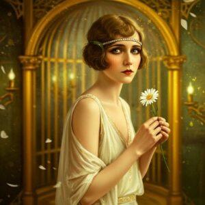 Conceptual image for Daisy Buchanan character analysis: An elegant 1920s woman, Daisy Buchanan, with a wistful expression, holding a daisy, subtly framed by elements of a gilded cage, symbolizing her beauty, allure, societal constraints, and tragic role in The Great Gatsby.