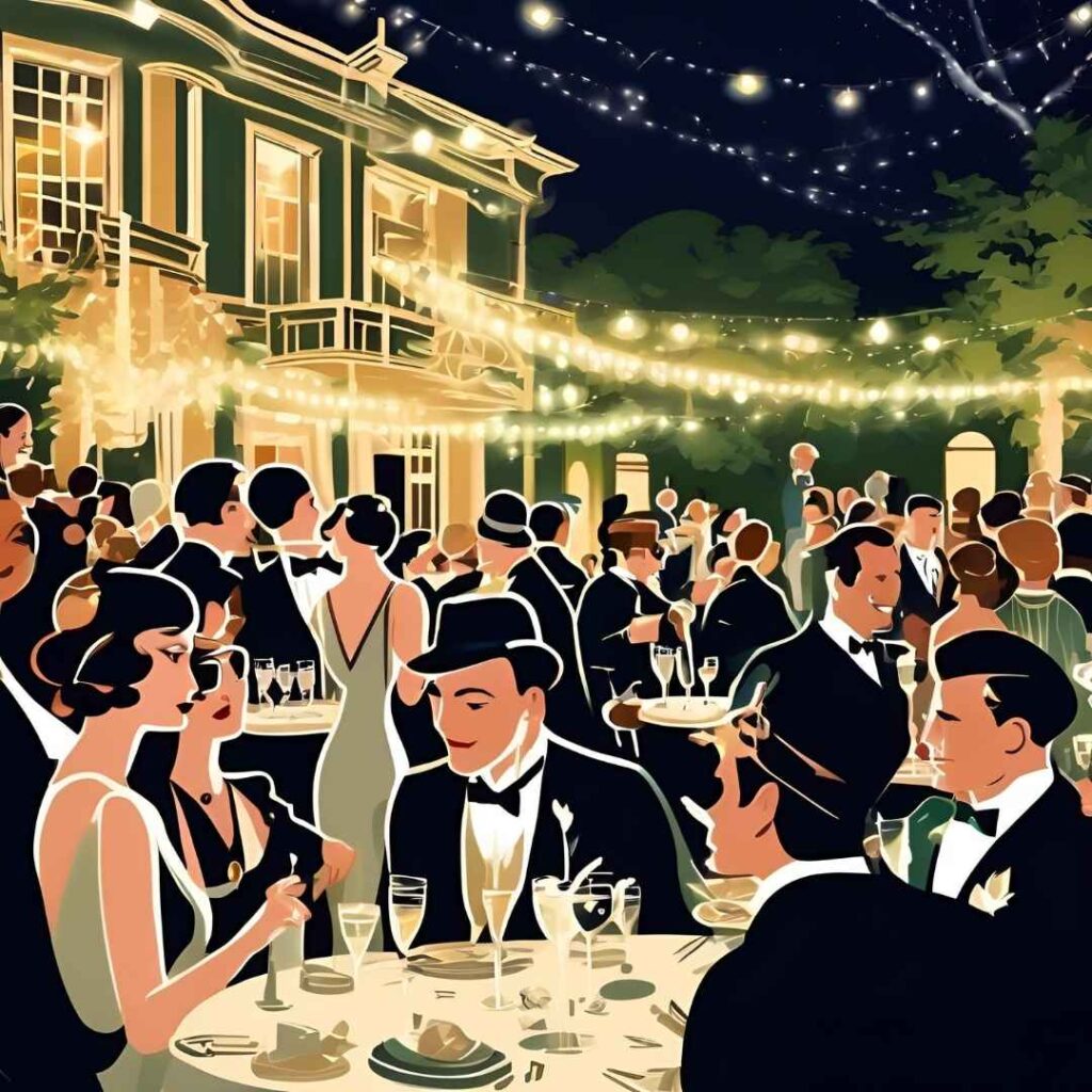 Evocative illustration of Gatsby's lavish 1920s outdoor party at night, showcasing crowds, music, and dazzling lights, representing Jazz Age excess.