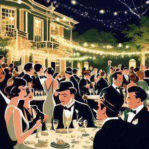 Evocative illustration of Gatsby's lavish 1920s outdoor party at night, showcasing crowds, music, and dazzling lights, representing Jazz Age excess.