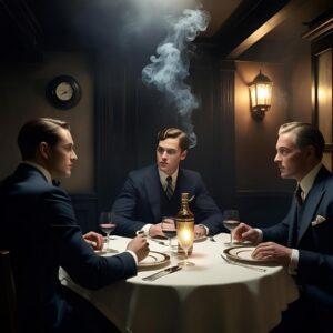 Atmospheric depiction of Gatsby, Nick, and Meyer Wolfsheim having lunch in a dimly lit 1920s restaurant, hinting at the underworld connections discussed in The Great Gatsby Chapter 4 analysis.
