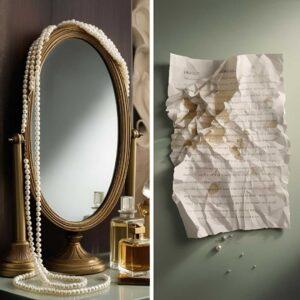 Symbolic image for The Great Gatsby Chapter 4 analysis: Luxurious pearls representing Tom's wealth contrast with a crumpled letter symbolizing Gatsby's past love, depicting Daisy's fateful choice.